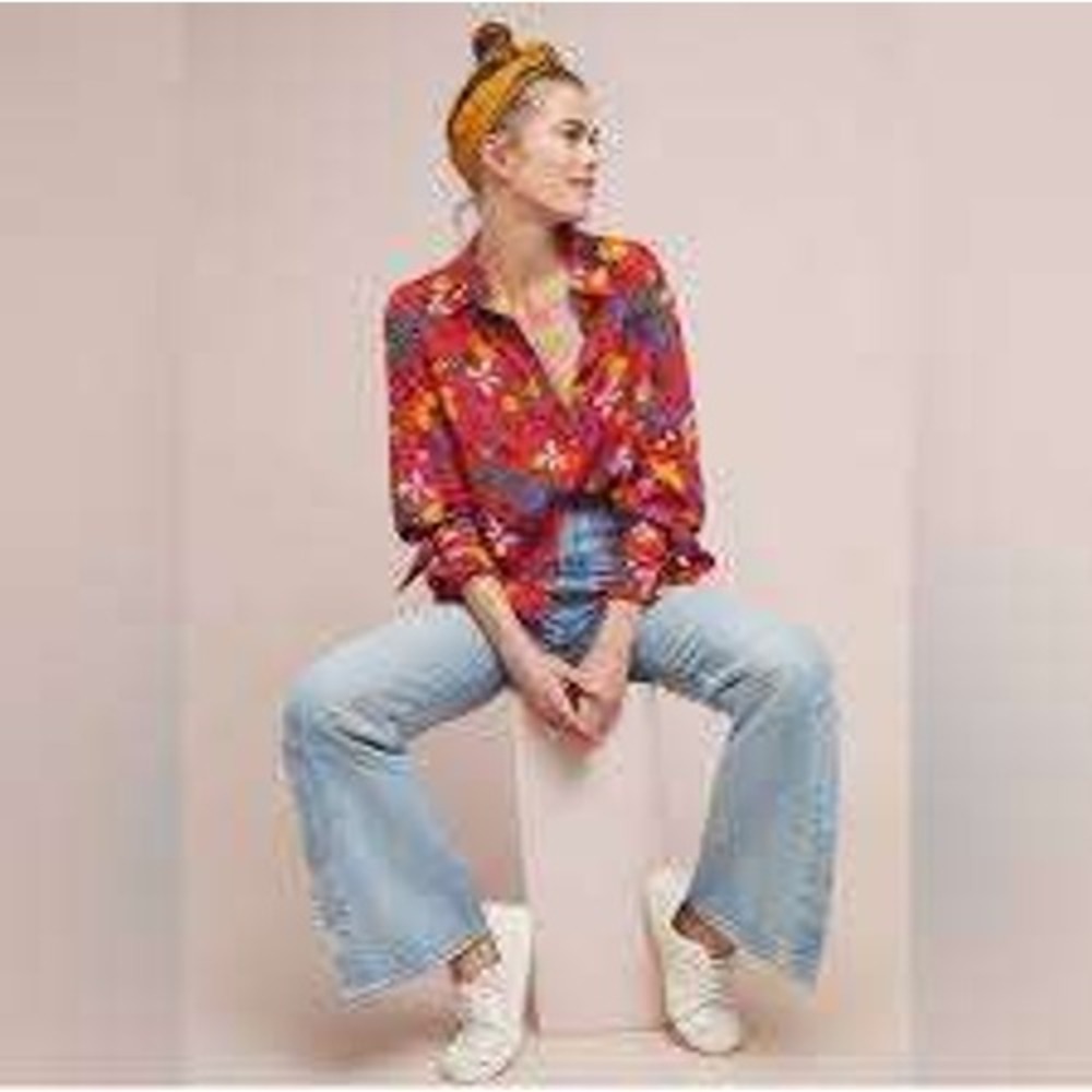 Maeve Anthropologie Womens Red Bold Floral Print Long Sleeve Button Blouse SMALL